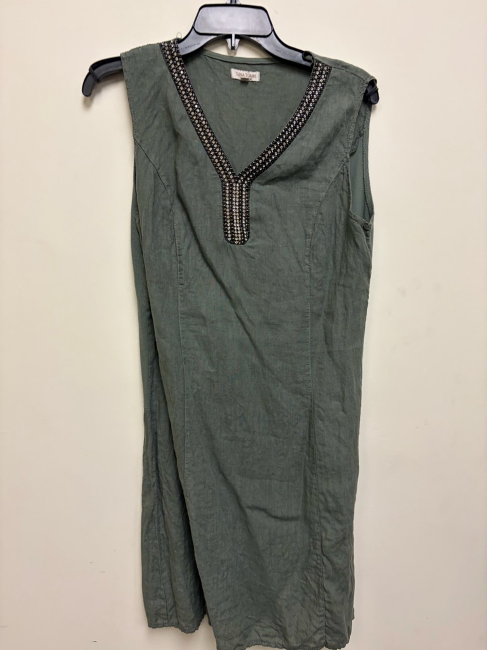 Lina Tomei Linen dress with Crystal Embellished V-Neck